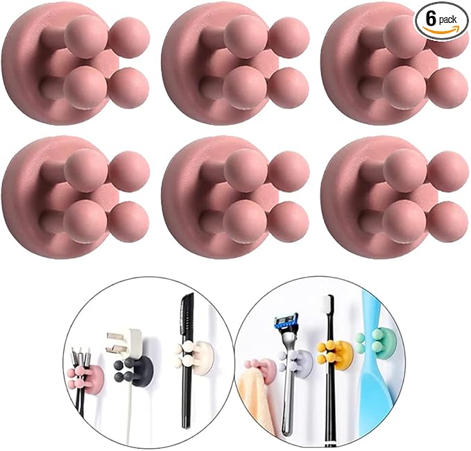 Silicone Toothbrush Holders - 6Pcs Razor Hooks Adhesive Wall Mounted for Hanging Towel Key Plug Cable, Utility Decor Stick to Dorm Room Door Function for Kitchen Bathroom Home Office, Pink