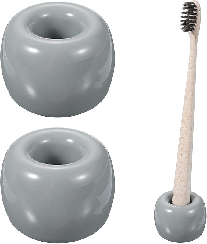 uxcell 2 Pcs Mini Ceramics Toothbrush Holder Stands, Sleek Mini Countertop Toothbrush Round Shape Ceramic Holder Stand for Bathroom Vanity Countertops, Grey
