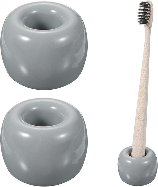 uxcell 2 Pcs Mini Ceramics Toothbrush Holder Stands, Sleek Mini Countertop Toothbrush Round Shape Ceramic Holder Stand for Bathroom Vanity Countertops, Grey