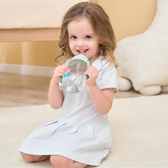 Tritan Sippy Cup, 270ml/9oz Baby Water Drinking Bottle with Removable Handle and Strap, Leak-Proof Training Cup for 12M+/1 Years+ Toddlers, Green/Pack of 1