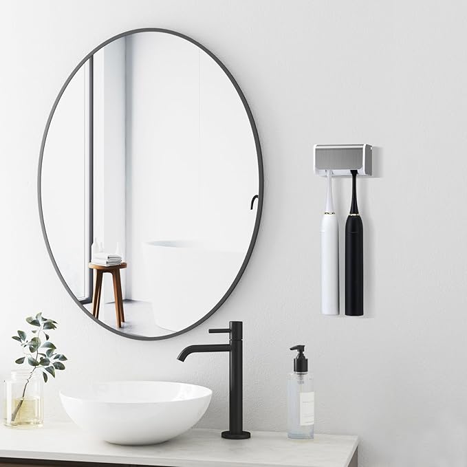 Toothbrush Holders Wall Mounted with Cover, Electric Tooth Brushing Holder for Bathroom, 2 Slots Self Adhesive Toothbrush Organizer, Toothbrush Stand for Family, Kids (1, Brushed Silver)