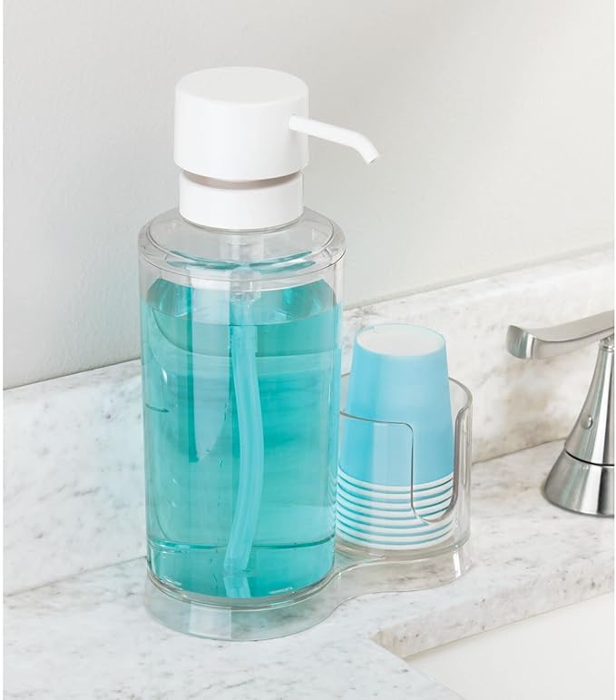 mDesign Plastic Refillable Mouthwash Dispenser and Cup Storage Organizer for Bathroom Vanity, Countertop, Cupboard - Includes 8 Paper Cups - Lumiere Collection - Clear/Matte White