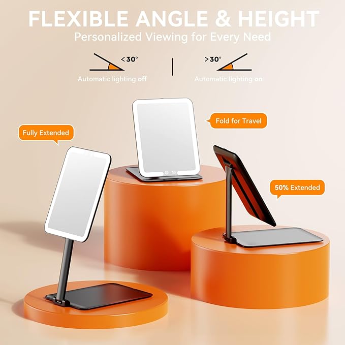 Auxmir Travel Makeup Mirror with 3 Dimmable Color Lights, Portable Foldable LED Lighted Travel Makeup Mirror, Rechargeable Compact Vanity Mirror with Light, Adjustable Height and Angle for Desk, Black