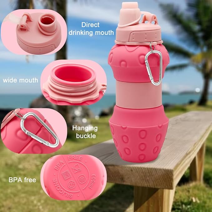Silicone Collapsible Water Bottle - 16oz Leakproof BPA-Free Portable Sports Cup, for Outdoor Hiking Gym Travel