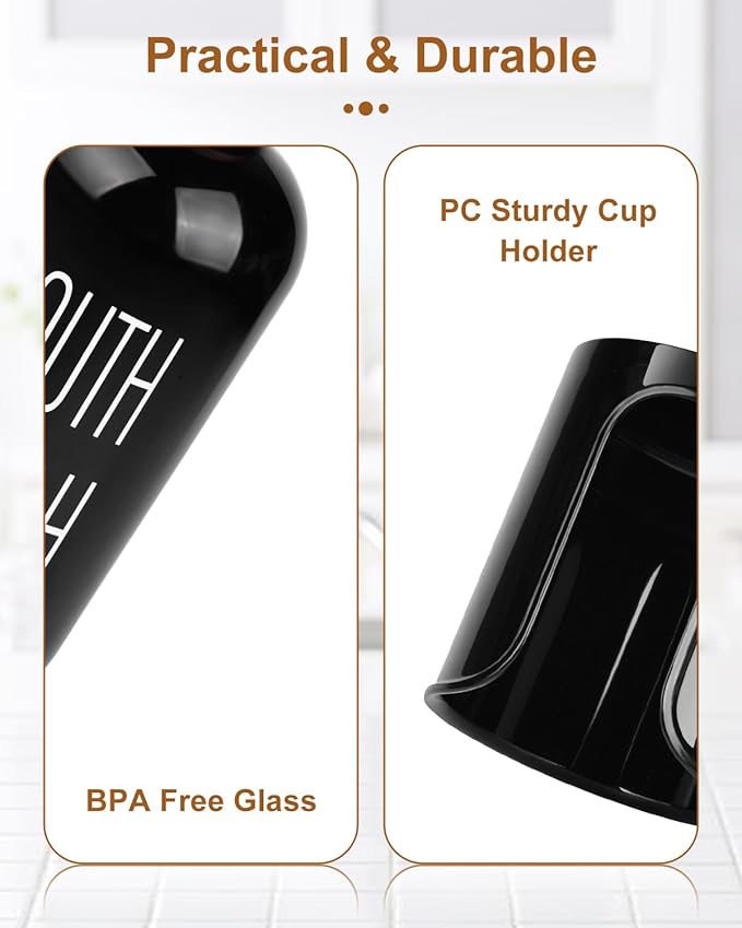 Pump Mouthwash Dispenser with Bathroom Cup Holder, Glass Mouthwash Container, Mouth Wash Bottle Decanter, Small PC 3 oz Cup Dipsenser, Black, Printed Font