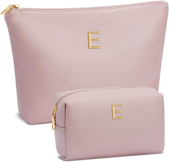 Women Gifts | Initial Makeup Bag Set for Girl Personalized Gifts for Bridesmaid Friend Graduation Teachers PU Leather Cosmetic Travel Toiletry Bag(Pink,E)