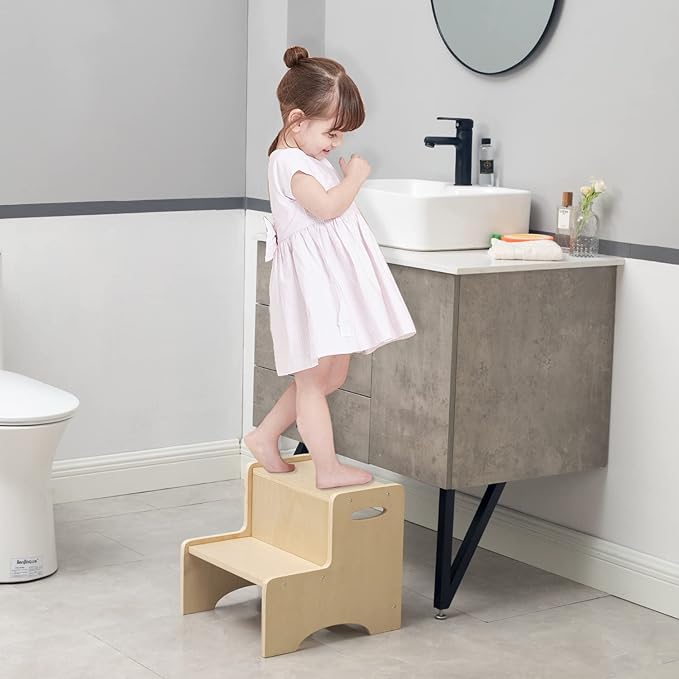 WOOD CITY Wooden Toddler Step Stool for Kids, Bathroom Potty Stool & Kitchen Stool, Natural Two Step Stool for Bedroom, Children's Stool with Handles and Safety Non-Slip Pads