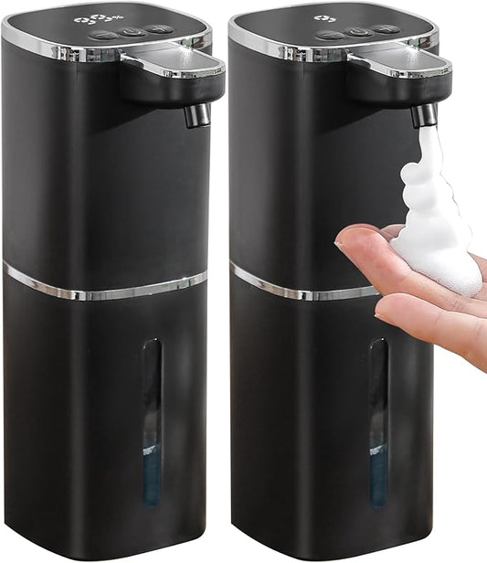 2 Pack Automatic Foaming Soap Dispenser, 12.8oz Rechargeable, Adjustable Foam Levels, IPX5 Waterproof, Touchless & Wall/Tabletop Use for Kitchen Bathroom, Black