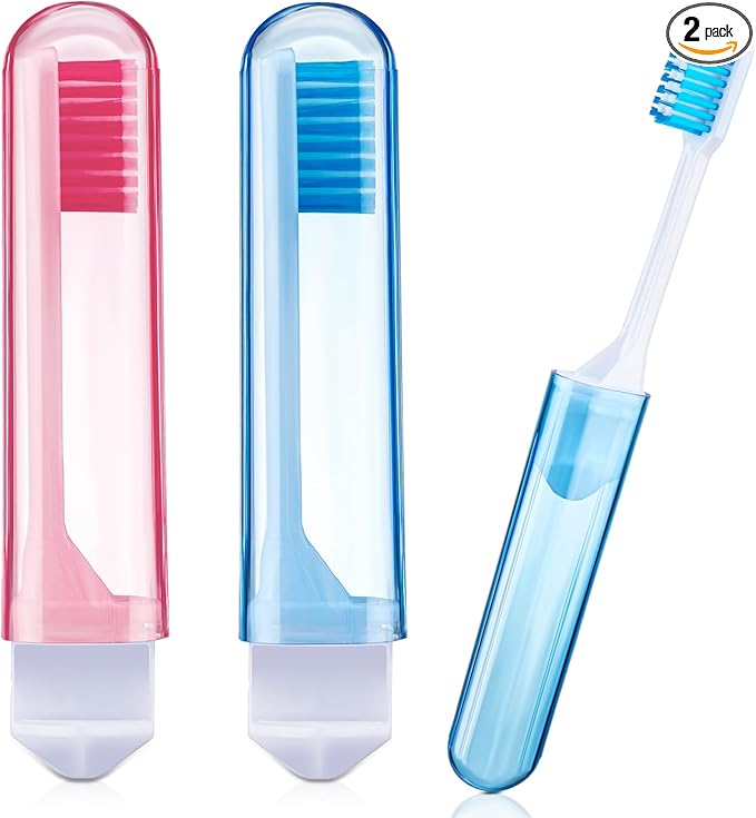 Patelai 2 Pcs Travel Toothbrush Set, Soft Bristle Mini Foldable Tooth Brush with Case, Individually Wrapped Small Portable Travel Size Toiletries Stuff for Camping (Couple Color)