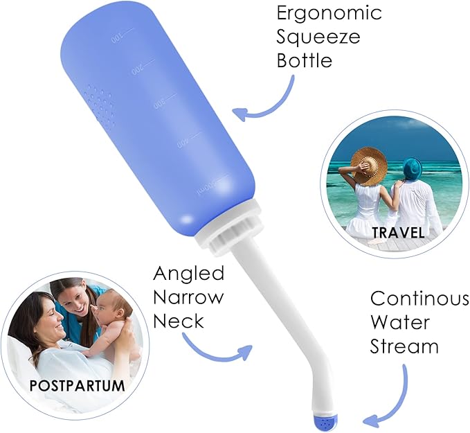 RUFCRIL Peri Bottle, Portable Travel Bidet with Bag, TPE Material Can Be Boiled, 17oz/500ml with 2 Sealing Rings,Essentials for Postpartum Perineal Care,Hemorrhoid Treatment,and Baby(Blue)