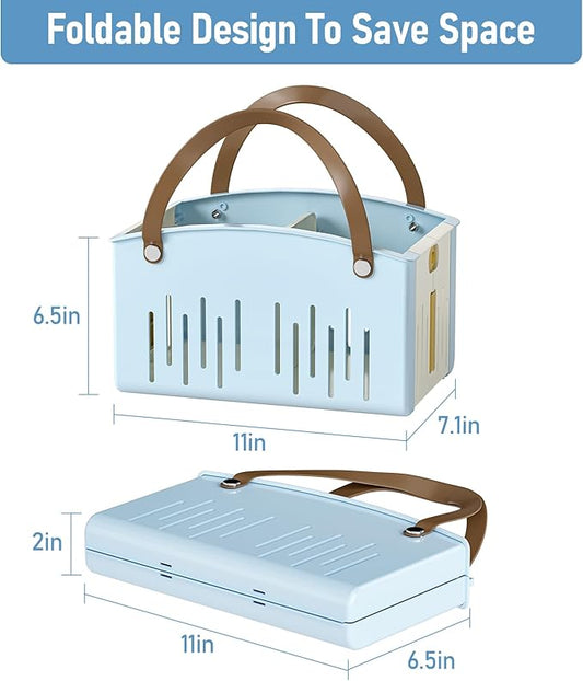 Delamu Portable Shower Basket Caddy with Double Handle Foldable Dry Wet Separation Design 11.0 × 7.1 × 6.5in, Travel, Camping, Gym, College Bathroom Tote, Blue, Ideal Christmas Gifts for Girls