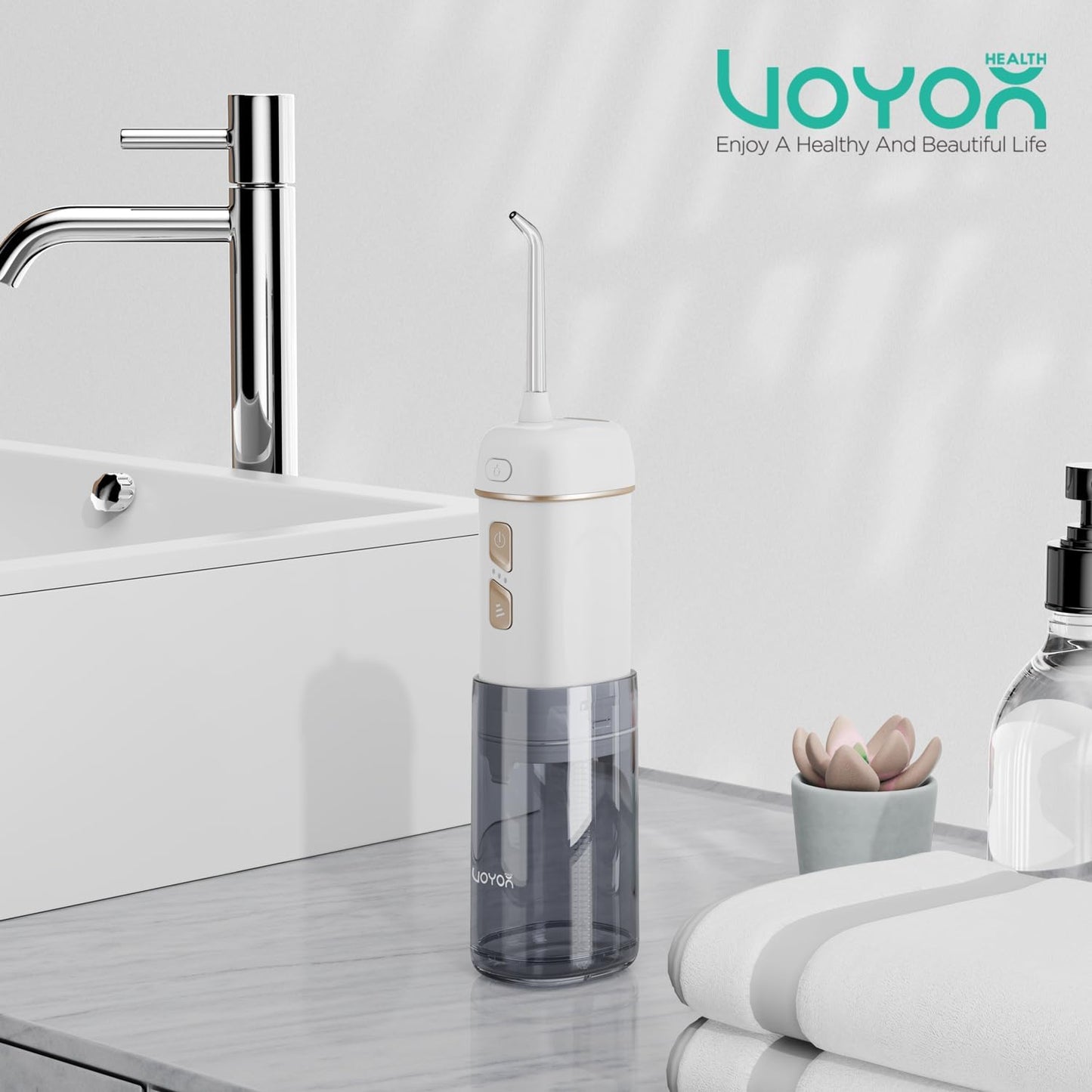 VOYOR-HEALTH Water Flosser Cordless for Teeth, Portable Mini Irrigador Dental, 3 Modes IPX7 Waterproof Rechargeable Electric Flosser, Home & Travel Power Dental Flossers for Braces WF510 (Gold)