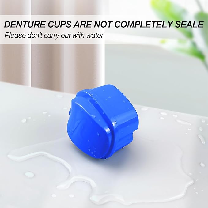 2 Pack Denture Bath Case Cup with Lid and Strainer Basket, Retainer Cleaner Case Dental False Teeth Container with 2 Travel Brushes, Lake Green and Dark Blue