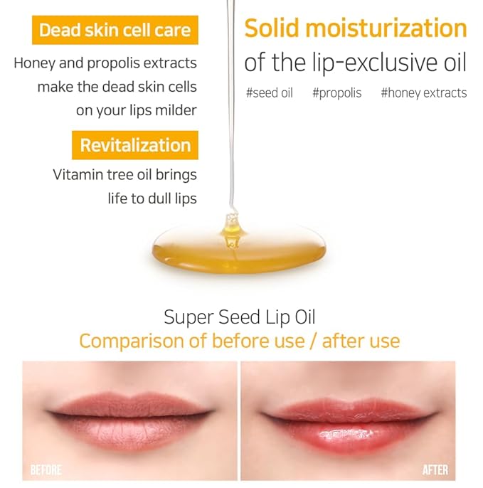 Lip Oil Super Seed | 0.10 Oz | Glass Lip, Healthy Lip Care, Moisturizing Lip Oil with Honey, Propolis, Herbal Oil, Glowy, Revitalizing, Calming Lip, Non-sticky, Non-artificial Colors