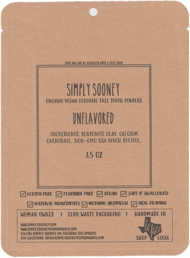 Unflavored Simply Sooney Fluoride Free Vegan Remineralizing Tooth Powder I Value Size Up to 6 M Supply I for Naturally Stronger Teeth (Zero Waste Paper Bag)