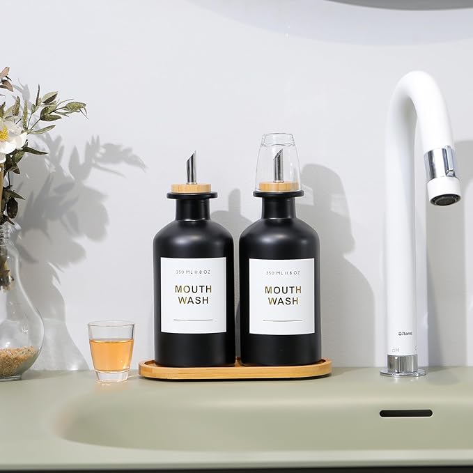 11.8OZ Glass Mouthwash Dispenser for Bathroom with Stainless Steel & Bamboo Nozzle, Mouthwash Cup Reusable, Bamboo Tray, and Elegant Gold Sticker.Set of 2（Black