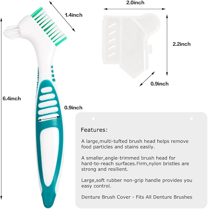 Denture Cleaning Brush Set with Dustproof Denture Brush Holder - Denture Brush Toothbrush Set for Denture Cleaning Care - Multi-Layered Bristles & Ergonomic Rubber Handle (Blue & Green)