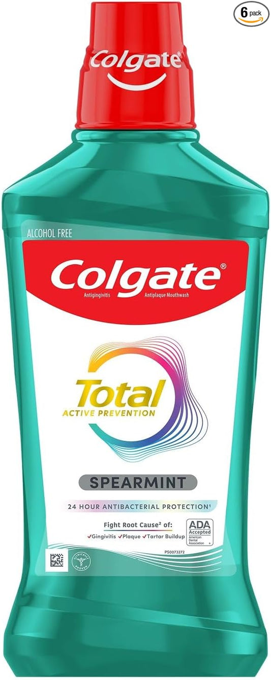 Colgate Total Pro-Shield Alcohol Free Mouthwash, Antibacterial Formula, Spearmint - 500 mL, 16.9 Fluid Ounce (6 Pack)