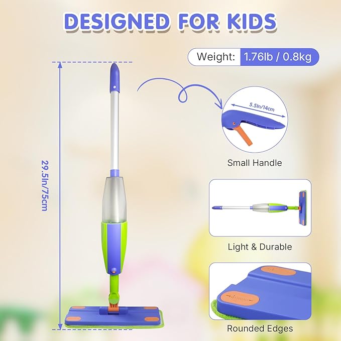 Kids Spray Mop,Real Working Toddler Cleaning Set, Mini Mop, Kid Vacuum - Spray Bottle,Scraper, Washable Microfiber Pads, Montessori Cleaning Toy Set,Toy for Kids Toddlers Ages 3+