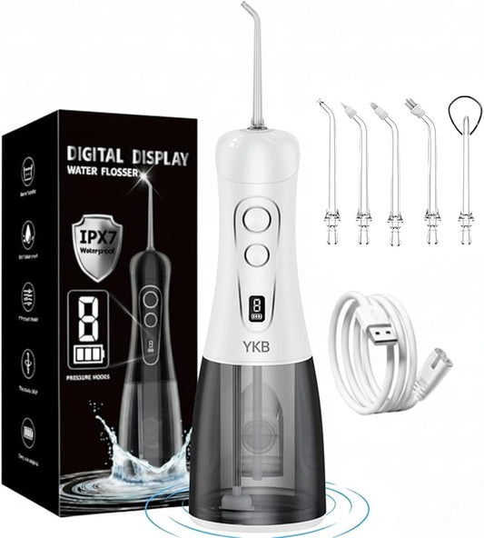 YKB Water Flosser for Teeth, 400ml 8 Modes Portable Water Flosser Cordless with Digital Display, Travel Water Oral Irrigator for Teeth Cleaning & Oral Care Rechargeable IPX7 Waterproof (White)