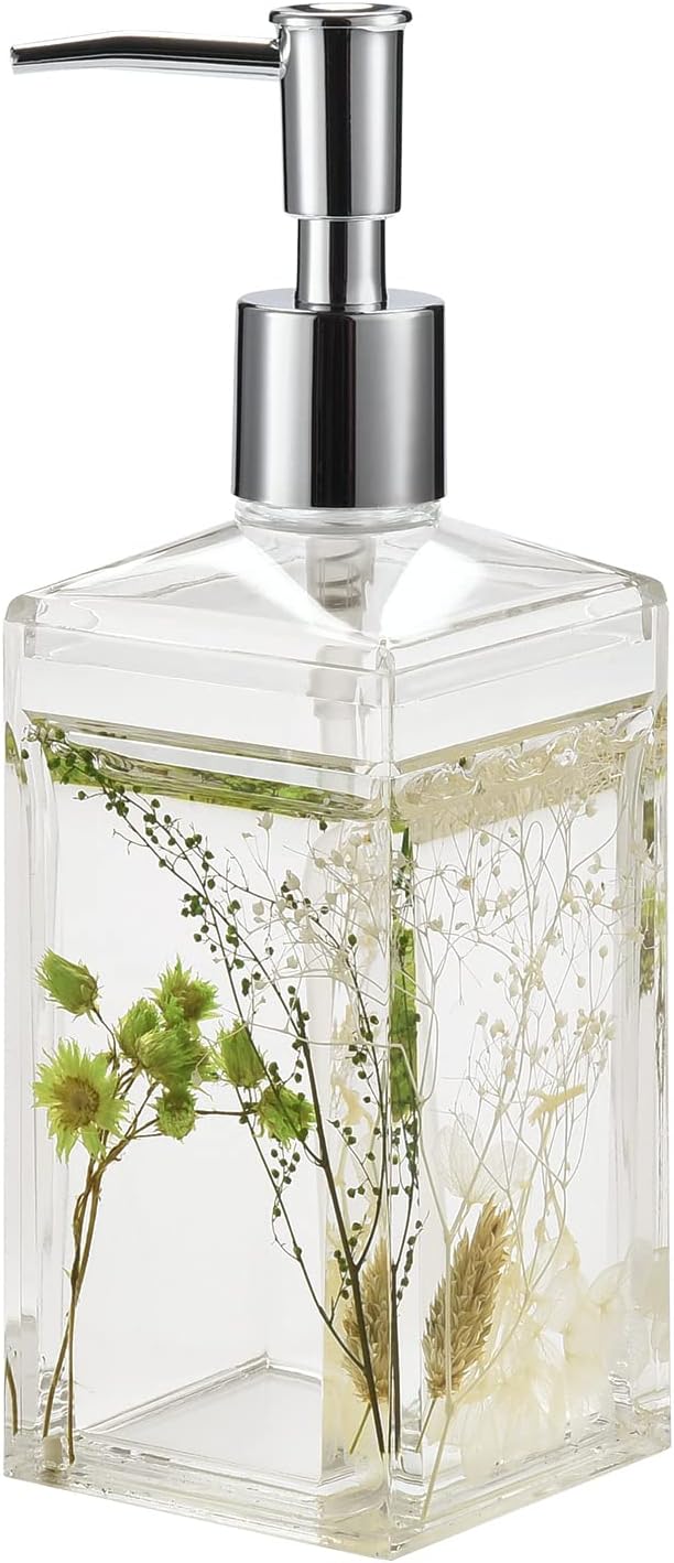 Locco Decor 5 Piece Acrylic Liquid 4D Floating Motion Bathroom Vanity Accessory Set Garden Botanic Green Plants Toothbrush Holder, Tumbler, Soap Dispenser, Soap Dish, Toiletbrush Holder Set