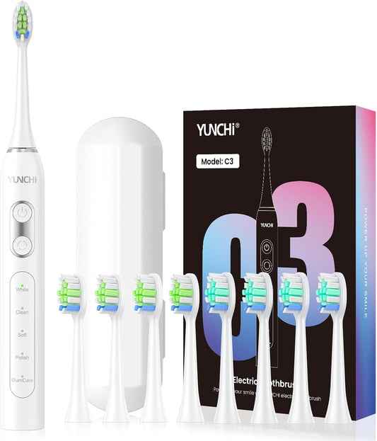YUNCHI Sonic Electric Toothbrush for Adults Teens, Rechargeable Battery Toothbrush with 8 Brush Heads, 90 Days, 44000 VPM Powerful Motor, 5 Models & 2 Minutes Built in Smart Timer, Travel Case,White