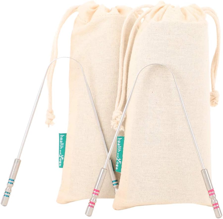 HealthAndYoga™ SteloSwipe His and Hers Premium Tongue Cleaners for Partner and You (2 pcs) - Quality Steel Tongue Scrapers with Color Identifying Hygienic Steel Grips