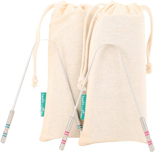 HealthAndYoga™ SteloSwipe His and Hers Premium Tongue Cleaners for Partner and You (2 pcs) - Quality Steel Tongue Scrapers with Color Identifying Hygienic Steel Grips