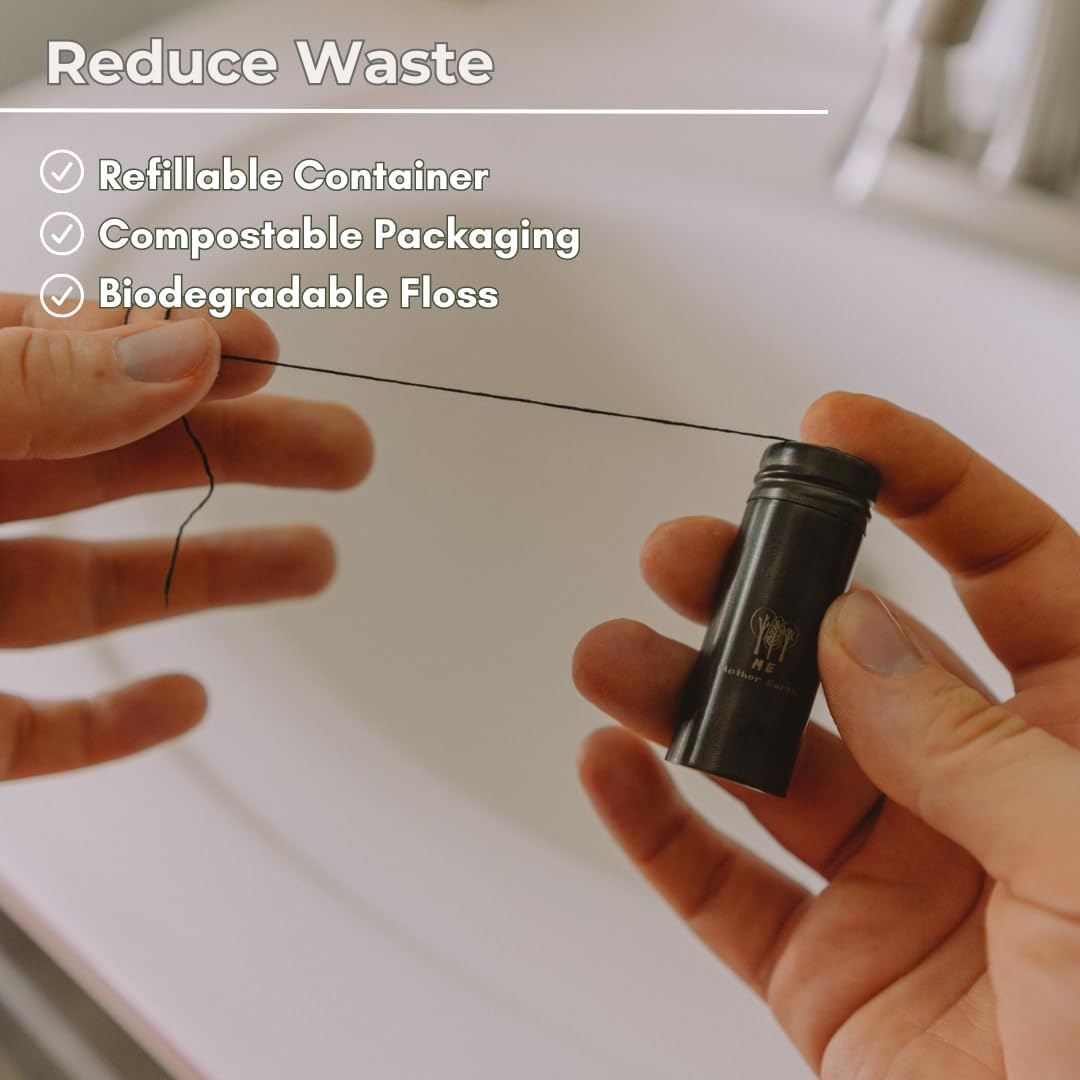 Vegan Biodegradable Bamboo Charcoal Dental Floss with Refillable Black Stainless Steel Container | 30M x2 | Extra Floss| Natural Candelilla Wax | Peppermint | Zero Waste Oral Care