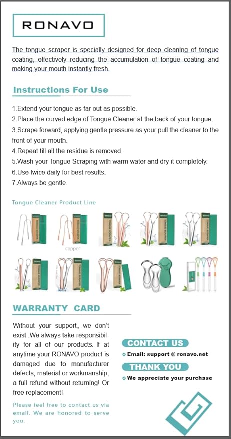 RONAVO Tongue Scraper for Adult with Thick Tongue Coating, Dual Scraping Head Design for Deep Clean, Stainless Steel Tongue Cleaner, Bad Breath Gone, Help Improve Oral Hygiene