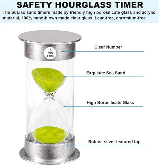 Sand Timer 5 Minute Hourglass Timer, Plastic Sand Clcok 5 minutes, Small Hour Glass Sandglass Timer for Kids, Games, Classroom, Kitchen, Decorative (5 Min, Green Sand)