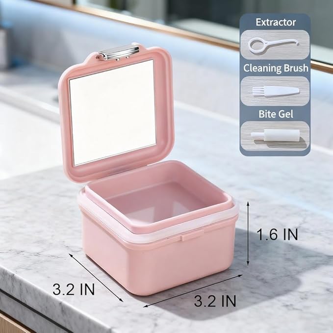 Denture Case Kit, Retainer Cleaning Case False Teeth, Retainer Cleaning Denture Bath Cup with Mirror Use in Denture Bridges, Denture Soaking Container, Traditional Braces for Travel （Pink）