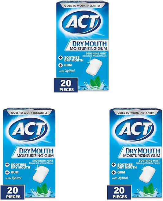 ACT Dry Mouth Moisturizing Gum, 20 Pieces, With Xylitol, Sugar Free Soothing Mint (Pack of 3)