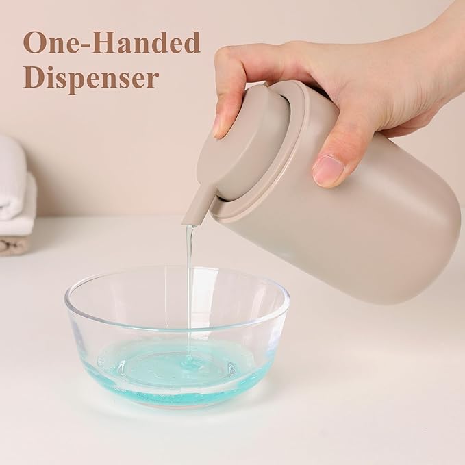 BosilunLife Khaki Soap Dispenser Set - 2 Pack 12oz Ceramic Dish Soap Dispenser with Rust Proof Pump for Kitchen, Hand Soap and Lotion Set Suitable for Farmhouse Bathroom Decor with Waterproof Labels