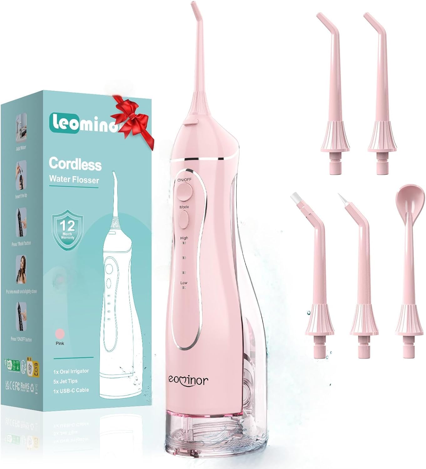 Leominor Water Flosser Pick for Teeth, 300ML Portable Oral Irrigator Upgraded Tank Removable,IPX7 Waterproof, Rechargeable Travel Teeth Cleaner, Professional Electric Flossing Machine (Pink)