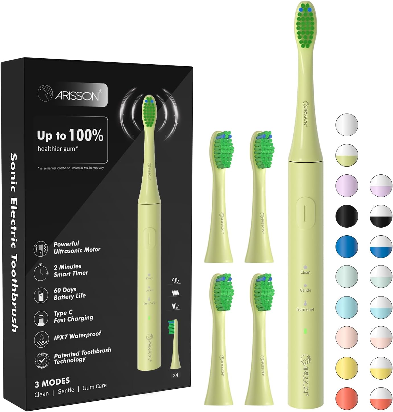 ARISSON Sonic Electric Toothbrush for Adults and Kids, 40,000 VPM Power Toothbrush, 1.5H Fast Charge Ultrasonic Electric Toothbrushes with 2 Minutes Smart Timer, 1.6 Oz Travel Toothbrush, Lime Green