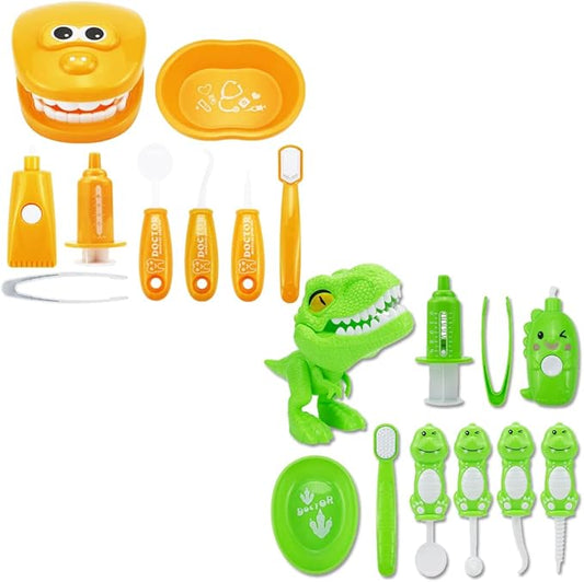 Bundle 19PCS = 9PCS Plastic Simulation Dentist Play Set （Orange） + 10PCS Plastic Dinosaur Simulation Dentist Play Set (Green)