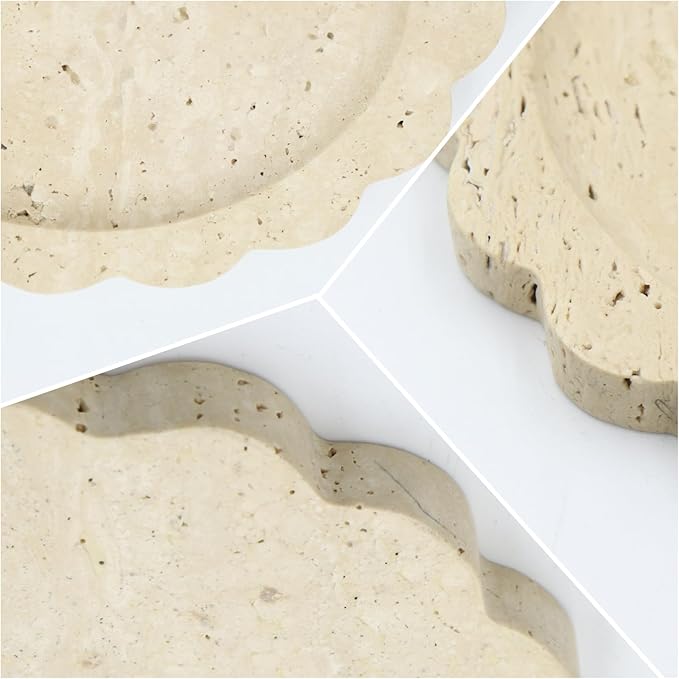 Round Marble Decorative Tray with Scalloped Edge, Luxury Natural Stone Bathroom Vanity Tray, Dresser Top Perfume Coffee Home Kitchen Sink Tray, Key Trinket Ring