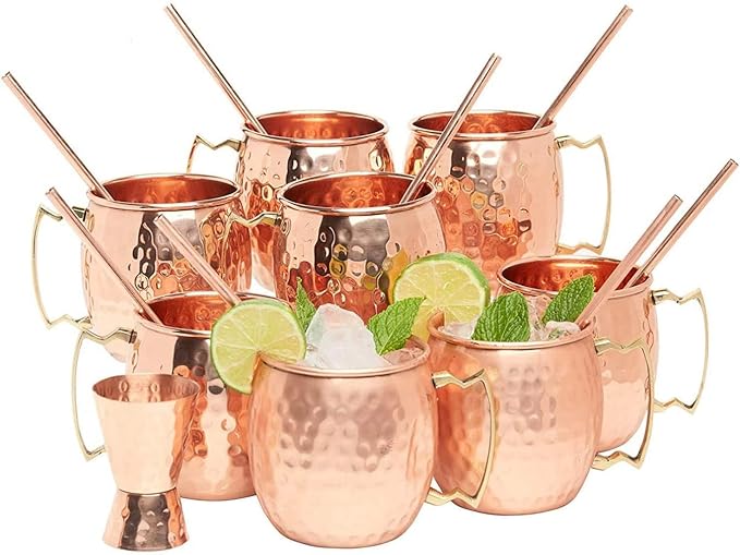 [Gift Set] Moscow Mule Copper Mugs Set of 12 (16oz) w/Straws & Jigger | 100% Pure Copper Cups, Tarnish-Resistant Food Grade Lacquered Finish, Ergonomic Handle (No Rivet) w/Solid Grip
