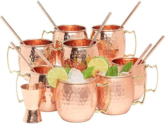 [Gift Set] Moscow Mule Copper Mugs Set of 12 (16oz) w/Straws & Jigger | 100% Pure Copper Cups, Tarnish-Resistant Food Grade Lacquered Finish, Ergonomic Handle (No Rivet) w/Solid Grip