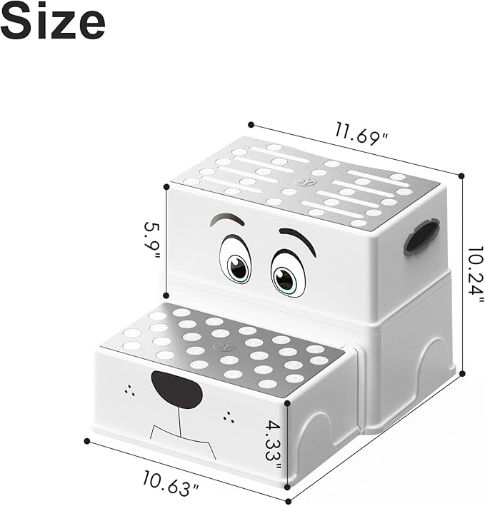 UNCLE WU 2 Step Stool for Kids & Toddlers - Anti-Slip Potty Training Stool for Bathroom Sink, Toilet & Kitchen, 150 lbs Capacity, Lightweight & Sturdy (Grey)