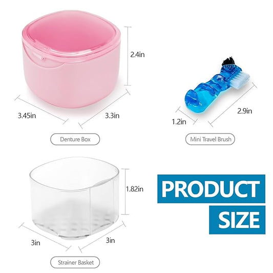 Partial Denture Case Leak Proof with Strainer Basket and Brush, Waterproof Denture Cup Retainer Cleaning Bath Case Travel for Dentures, Braces, Night Guard - Pink
