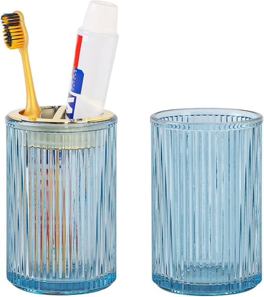 Toothbrush Holders for Bathrooms, 2pcs Glass Toothbrush Holder, 12oz Bathroom Tumbler and Mouthwash Cup, Tooth Brush and Toothpaste Organizer for Bathroom Vanity Countertop (Blue Gold)