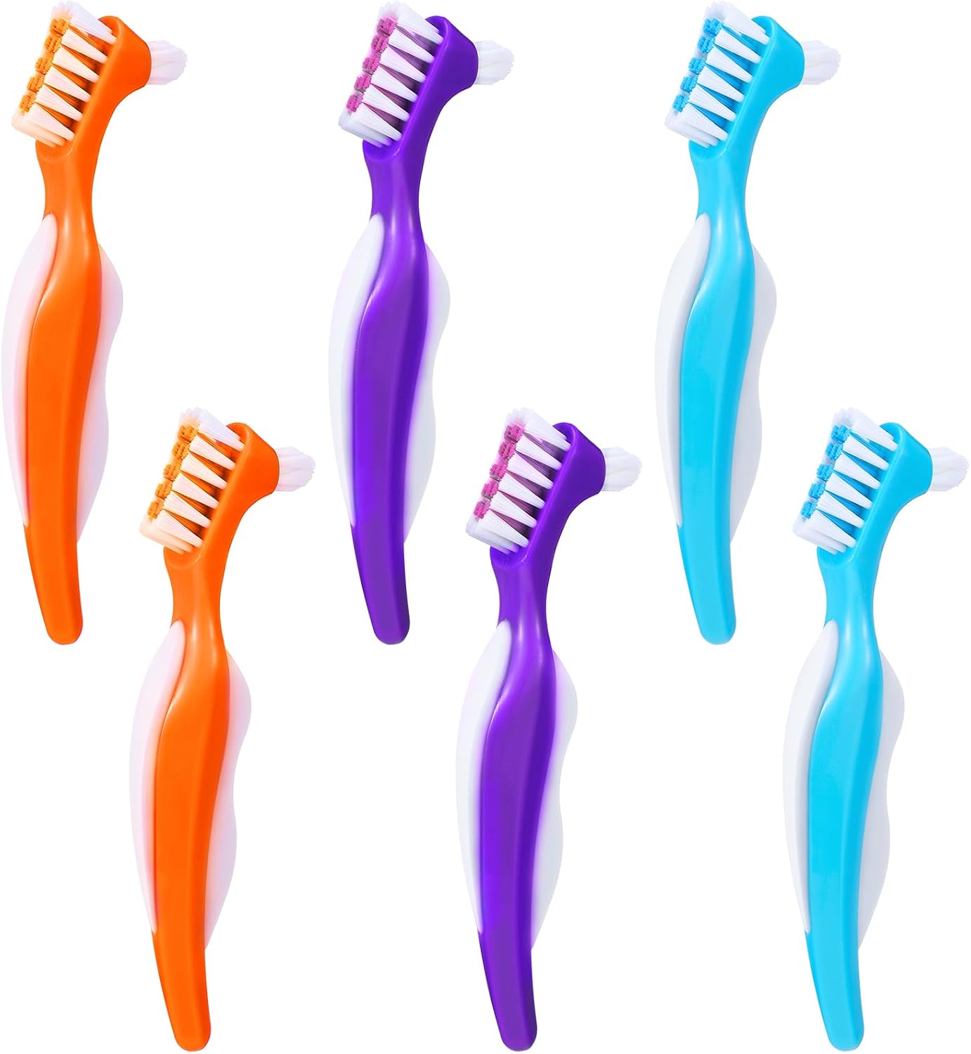 6 Pack Denture Cleaning Brush Dual Head Portable Denture Toothbrush Hard Double Sided Multi-Layered Bristles False Teeth Toothbrush for Care Clean Clear Brace Mouth Guard(Blue Orange Purple,Angled)