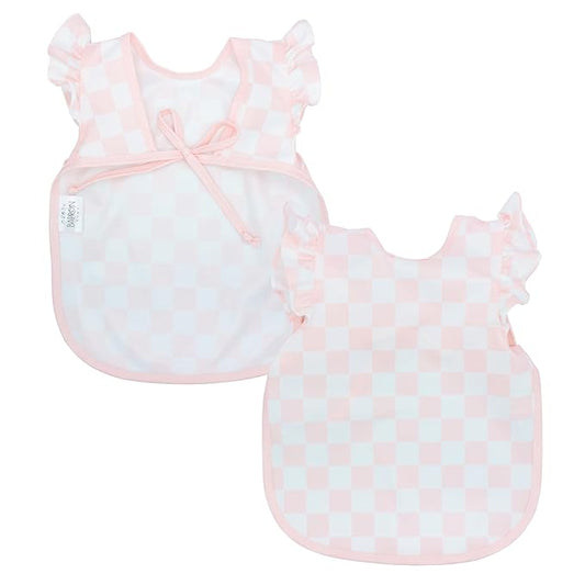 BapronBaby Pink Flutter Checkerboard Bapron - No Neck Tie Safer Bib for Baby & Toddler - Soft Waterproof Stain Resistant - Machine Washable - Sz Preschool 3-5yrs