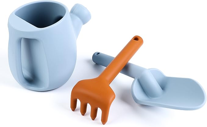BLUE GINKGO Toddler Gardening Tools - Silicone Beach Toys, Garden Toys for Toddlers | Kids Shovel and Rake Set, Watering Can, Sand Molds | Outdoor Baby Gardening Set (Blue)
