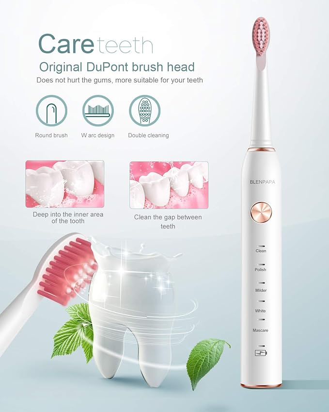 High Vibration 38000VPM Sonic Electric Toothbrush for Adults with Timer Dupont Brush Heads Ultra Whitening 5-Modes - White