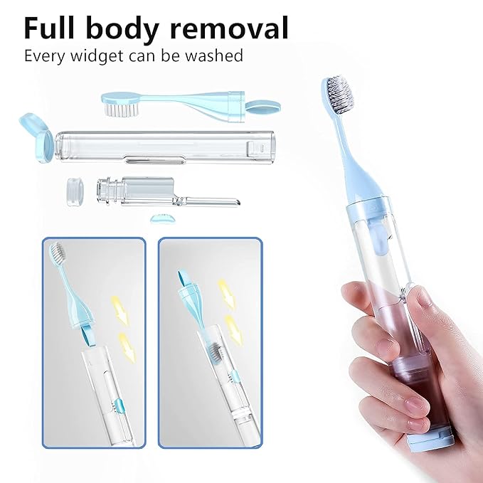 2Pcs Travel Toothbrushes Kit Fold Travel Size Toothbrushes Built-in Toothpaste Container, Including 2 Cleaner Head Soft Bristles for Camping, School, Business Trip (Blue, White)