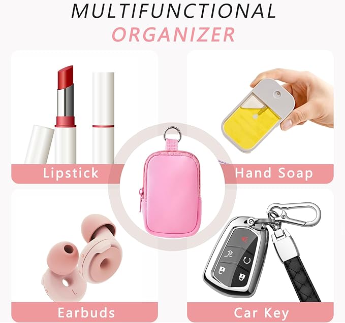 2Pcs Small Makeup Bag, Mini Portable Travel Cosmetic Bag, Soft Neoprene Makeup Pouch with Zipper, Fashion Accessory with Snap Hook, Cute Coin Purse Lipstick Cosmetic Travel Organizer(Black+ Pink)