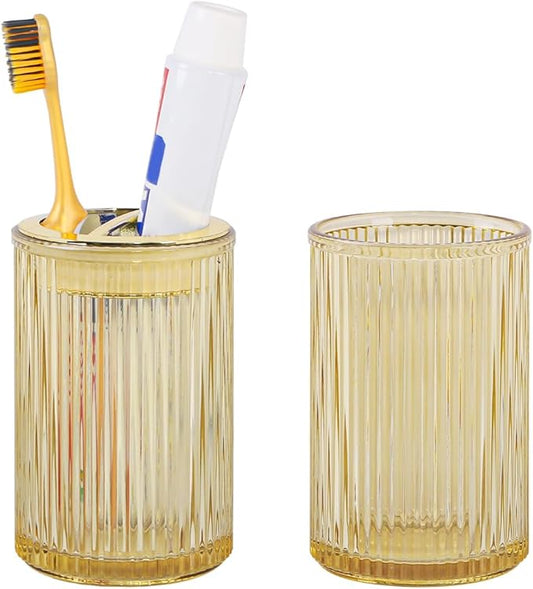 Toothbrush Holders for Bathrooms, 2pcs Glass Toothbrush Holder, 12oz Bathroom Tumbler and Mouthwash Cup, Tooth Brush and Toothpaste Organizer for Bathroom Vanity Countertop (Amber Gold)